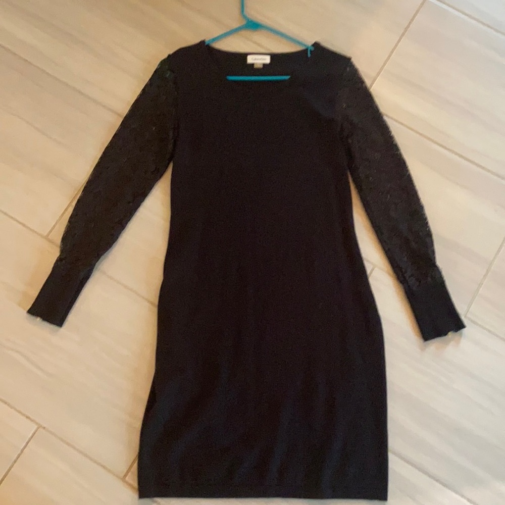 Black sweater dress with lace long sleeve